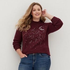 Torrid Burgundy Maroon Silver Sequin Moon Mock Neck Sweater 1X